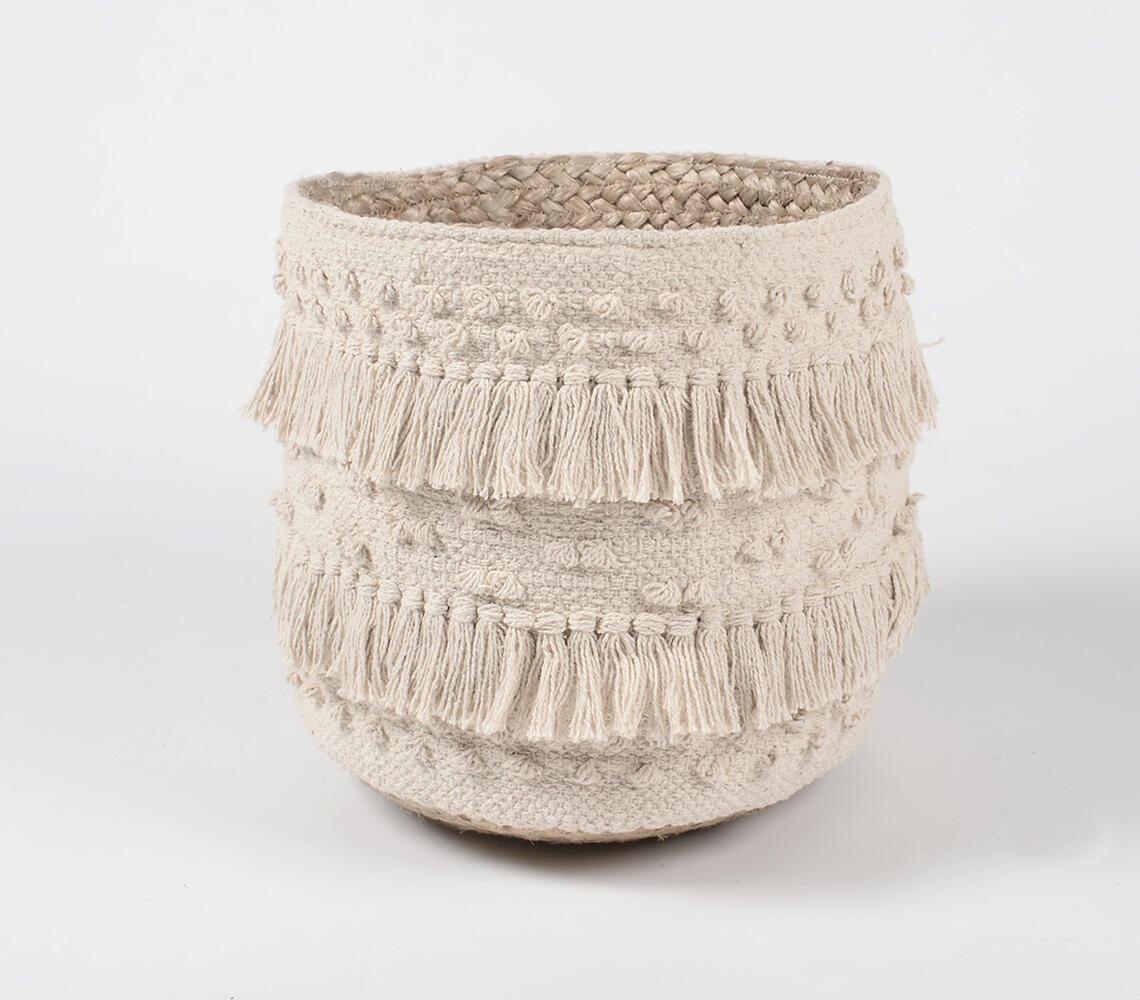 Tasseled & Textured Cotton & Jute Basket